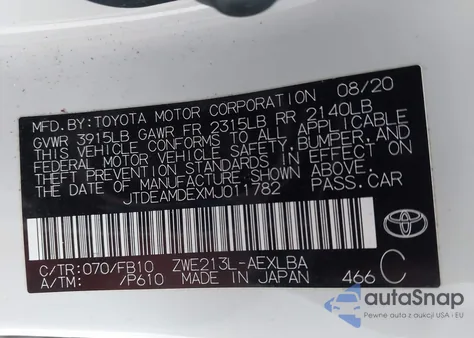 2021 Toyota Corolla Hybrid Le from USA, damaged, VIN JTDEAMDEXMJ011782